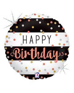Black and White Stripes Rose Gold Dots Holographic Happy Birthday 18 Inch Foil Mylar Balloon [36706]