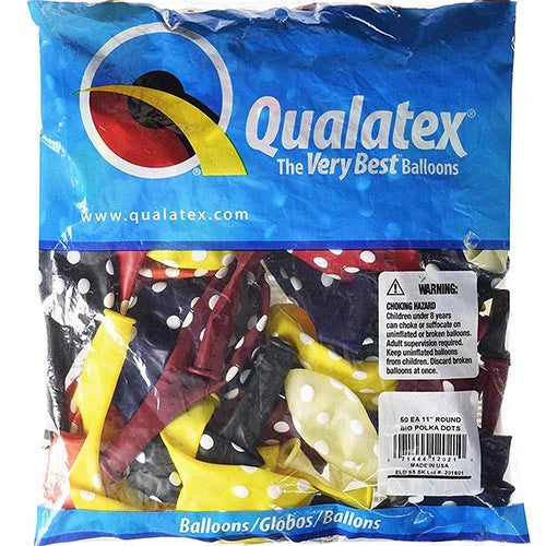 Qualatex  Assorted Jewel Tone with White Big Polka Dots 11 inch Latex Balloons 50 Count  [12021]