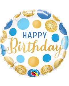 Qualatex Birthday Blue and Gold Dots 18 Inch Foil Mylar Balloon [18869]