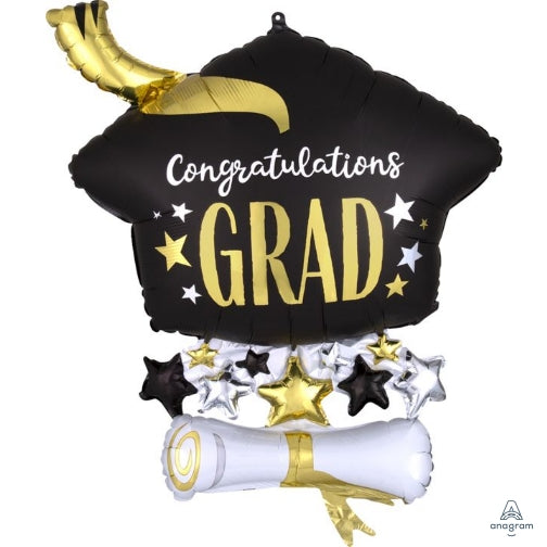 Elegant Satin Grad Cap and Diploma Shape 29 Inch Foil Mylar Balloon [40915]