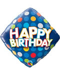 Happy Birthday Blue & Colorful Dots Diamond Shape 18 Inch Foil Mylar Balloon [57329]