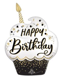 Satin Black Silver Gold Happy Birthday 29 Inch Foil Mylar Balloon [46950]